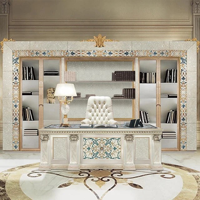 Office Cabinet Baroque Italian Classical Royal Luxury Wood Carving Office Desk Set