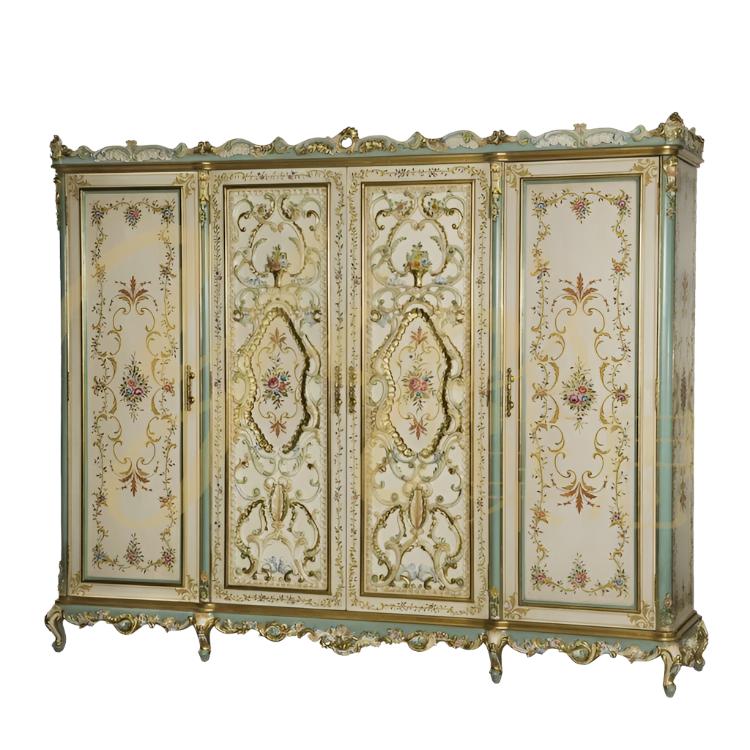 French Rose Series Handpainted Rose Pattern Bedroom Set Furniture Classical 4-Door Wardrobe, Bed Set,  Chest of Drawers 