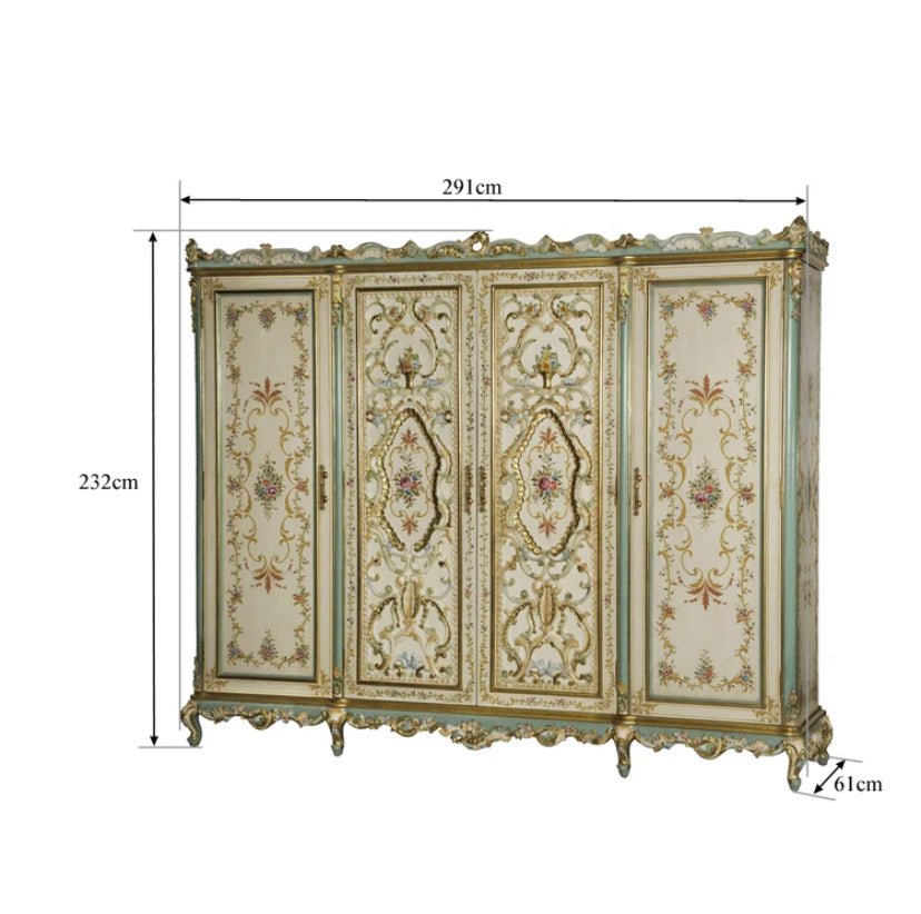 French Rose Series Handpainted Rose Pattern Bedroom Set Furniture Classical 4-Door Wardrobe, Bed Set,  Chest of Drawers 