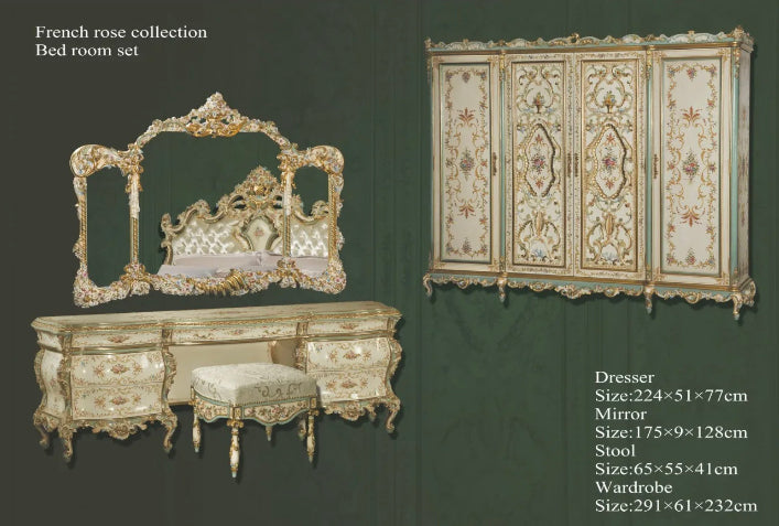 French Rose Series Handpainted Rose Pattern Bedroom Set Furniture Classical 4-Door Wardrobe, Bed Set,  Chest of Drawers 