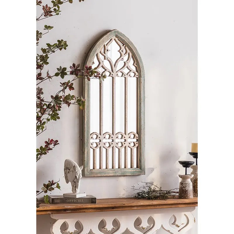 Antique Arch Shape Hanging Wall Mirror Farmhouse Garden Decorative Wood Framed Wall Mirrors