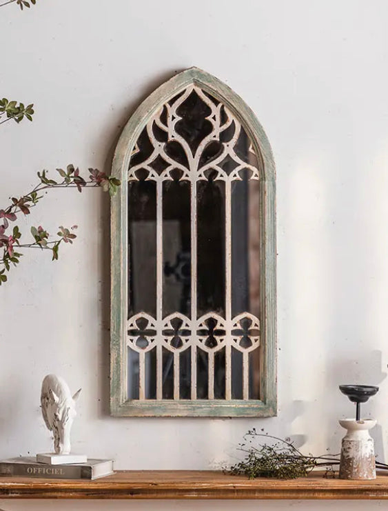 Antique Arch Shape Hanging Wall Mirror Farmhouse Garden Decorative Wood Framed Wall Mirrors