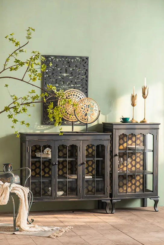 Retro Design Living Room Console Furniture Black Wood Glass Doors Sideboard Buffet Accent Cabinet