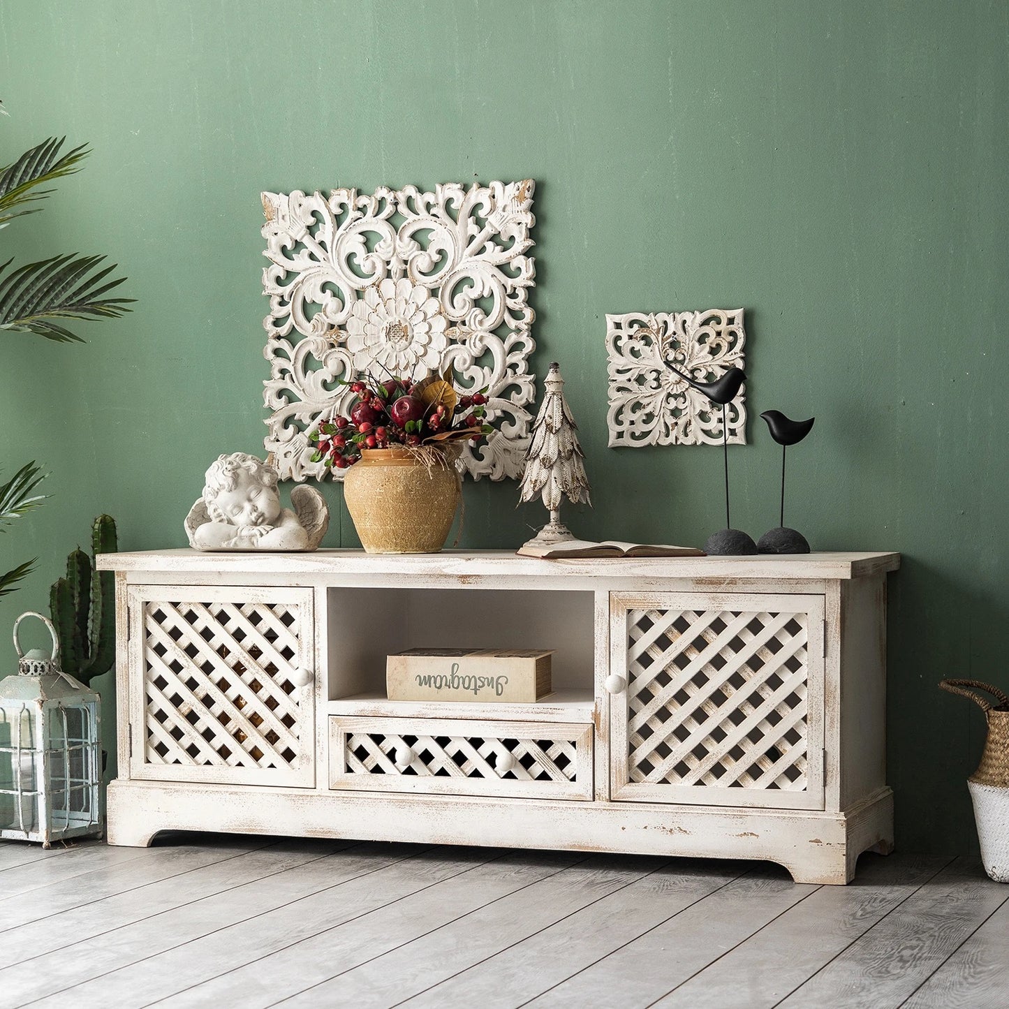 Retro Rectangular TV Lowboards Living Room Sideboard White Solid Wood Accent Cabinet