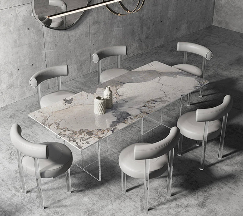 Nordic Dining Table Set Rectangle White Marble Slate and Acrylic Legs Dining Table Dining Room Furniture