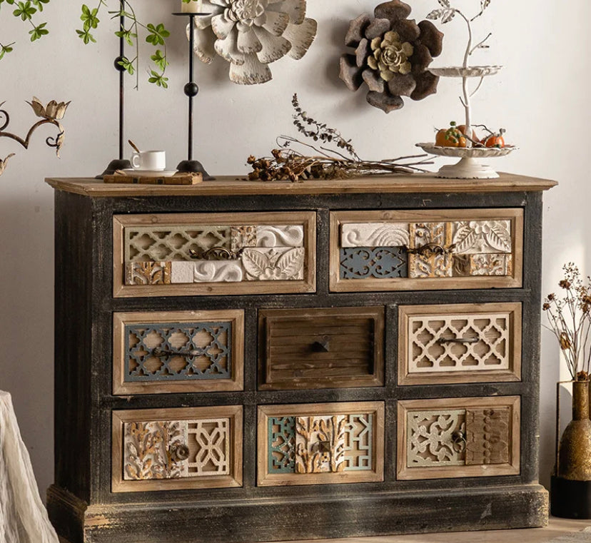 Luxury European Vintage Living Room Cabinet Carved Drawers Adornment Ark Wood Chest Display Accent Cabinets