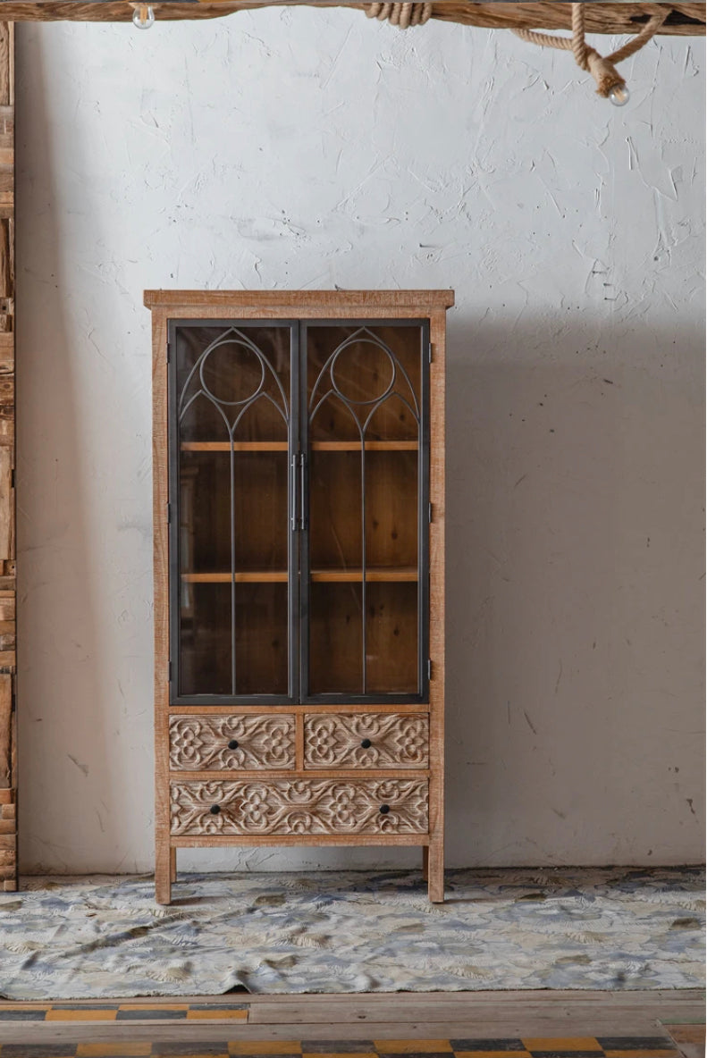 Living Room Furniture Solid Wood Cabinet Farmhouse Vintage Two Door Four Drawer Accent Cabinet