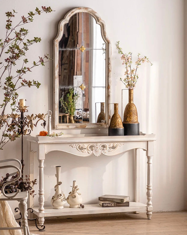 French Country Rustic Design Console White Carving Wood Living Room Wall Table Hallway Furniture