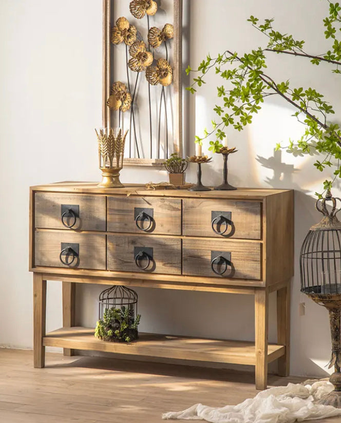 Farmhouse Antique Multi-Drawer Console Wall Table Natural Wood Home Storage Wooden Accent Cabinet