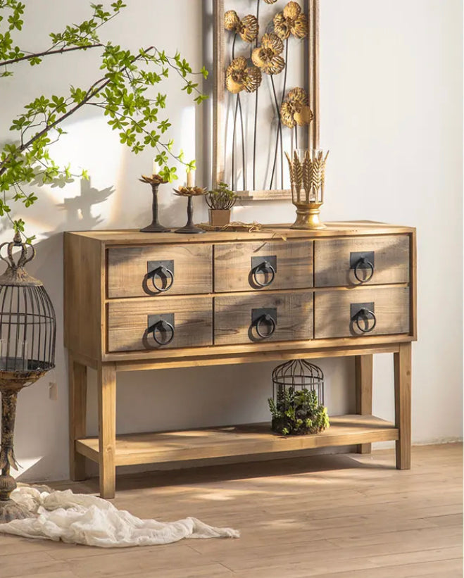 Farmhouse Antique Multi-Drawer Console Wall Table Natural Wood Home Storage Accent Cabinet