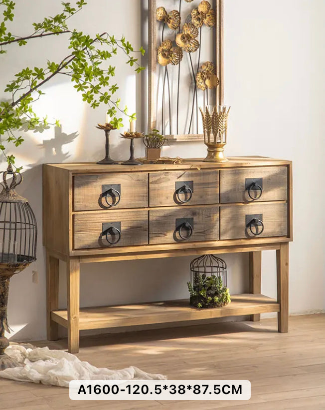 Farmhouse Antique Multi-Drawer Console Wall Table Natural Wood Home Storage Wooden Accent Cabinet