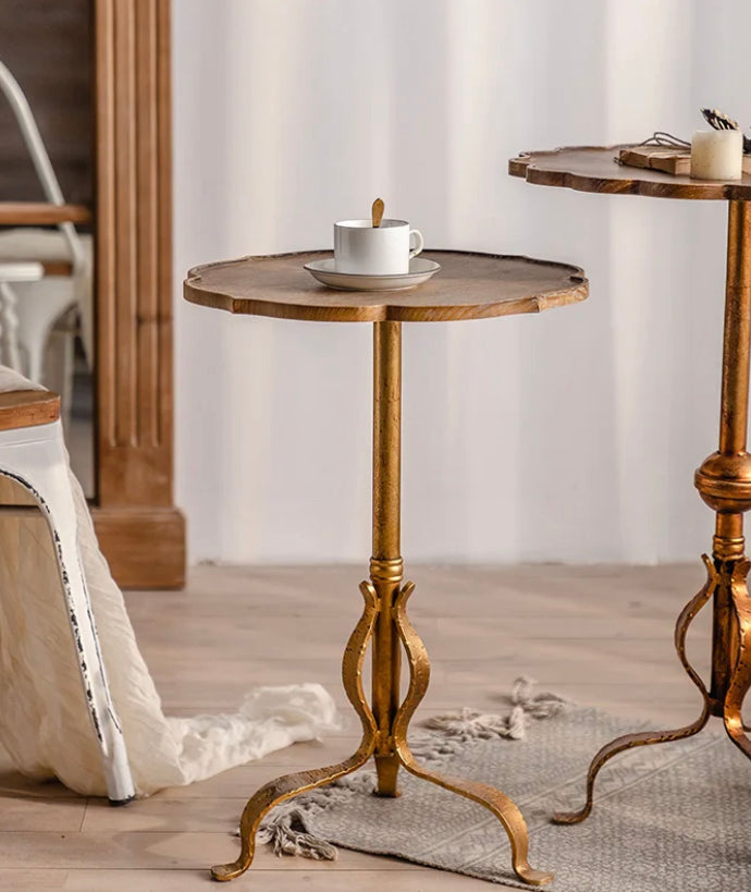 Vintage Gold Metal Wooden Side Table Living Room Home Retro Wood Top Coffee Tea Accent Table