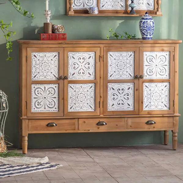 Rustic Carving Design 4 White Doors Vintage Chest Of Drawer Dining Room Wood Sideboard Storage Accent Cabinet