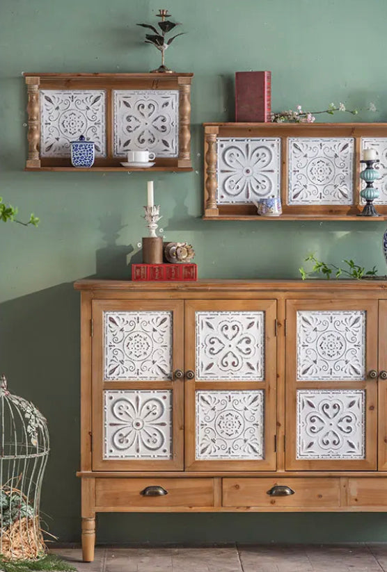 Rustic Carving Design 4 White Doors Vintage Chest Of Drawer Dining Room Wood Sideboard Storage Accent Cabinet