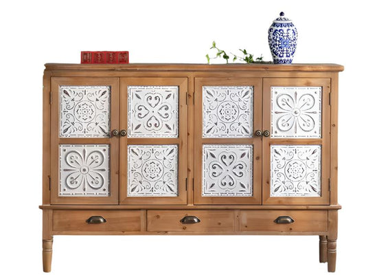 Rustic Carving Design 4 White Doors Vintage Chest Of Drawer Dining Room Wood Sideboard Storage Accent Cabinet