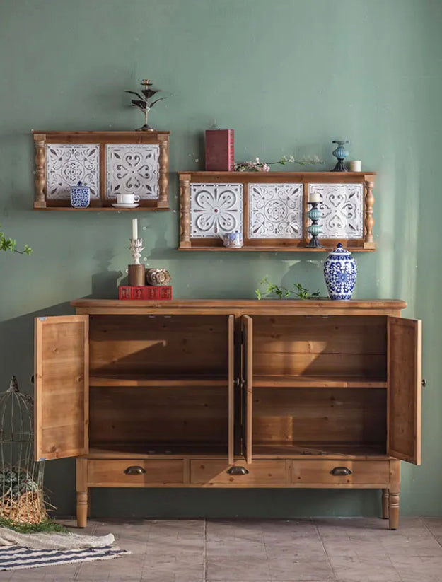 Rustic Carving Design 4 White Doors Vintage Chest Of Drawer Dining Room Wood Sideboard Storage Accent Cabinet