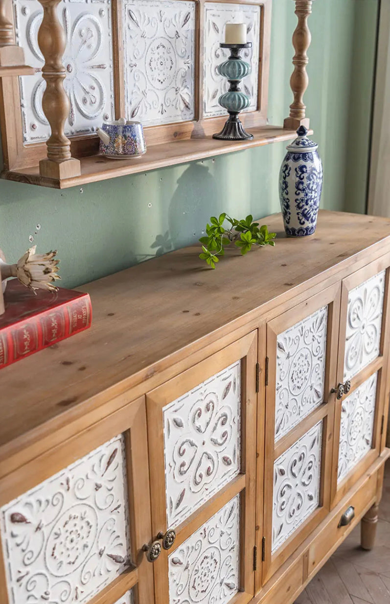 Rustic Carving Design 4 White Doors Vintage Chest Of Drawer Dining Room Wood Sideboard Storage Accent Cabinet