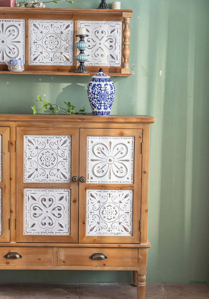 Rustic Carving Design 4 White Doors Vintage Chest Of Drawer Dining Room Wood Sideboard Storage Accent Cabinet