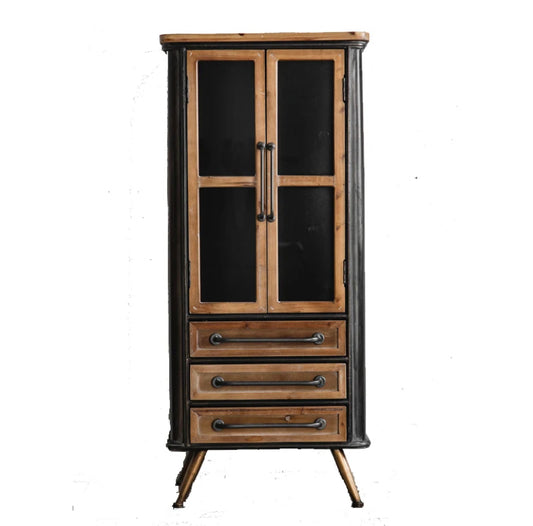 Rustic Solid Wood Retro Metal Cabinet Vintage 2 Glass Door Storage Accent Cabinet