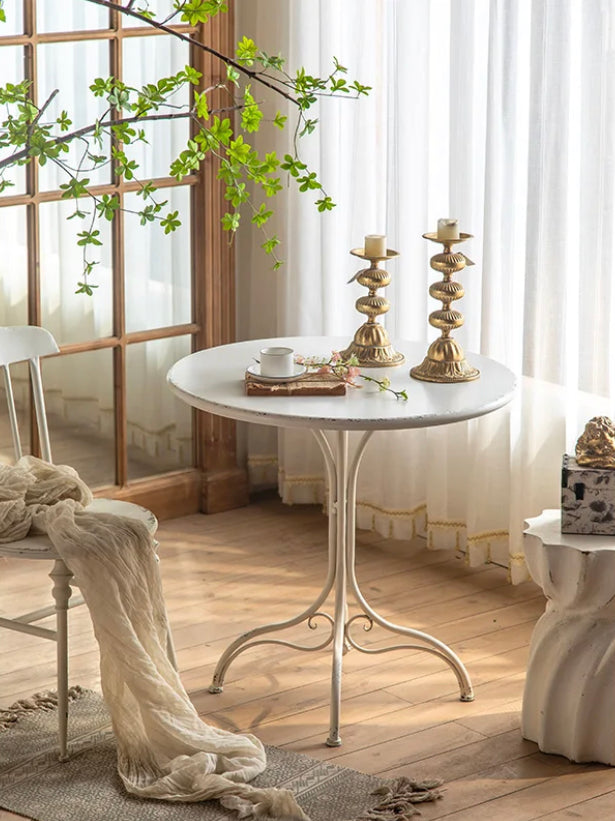 French Style Retro White Coffee,Tea Table Balcony Living Room Natural Iron Accent Table