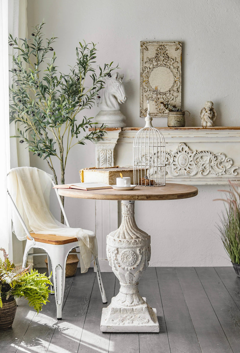 White Antique Coffee Tea Table Living Room Carved Round Accent Table