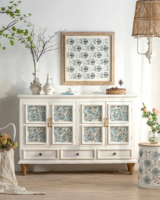 Light Luxury Sideboard, Buffet Cabinet French Solid Wood White Storage Accent Cabinet