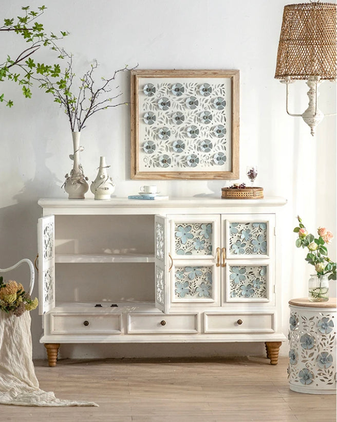 Light Luxury Sideboard, Buffet Cabinet French Solid Wood White Storage Accent Cabinet