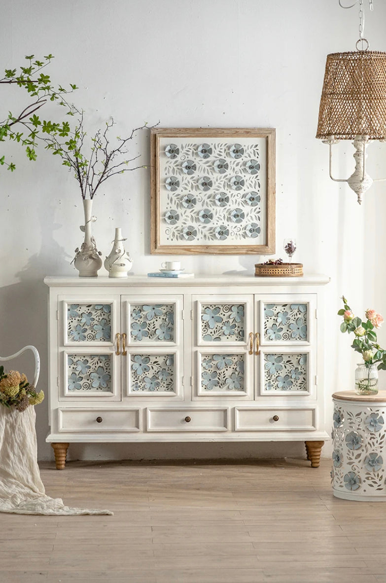 Light Luxury Sideboard, Buffet Cabinet French Solid Wood White Storage Accent Cabinet