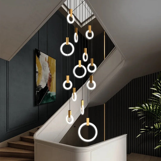 Duplex Building Chandeliers Staircase Long Pendant Light Nordic Villa Creative Ring Circle Light Pendant