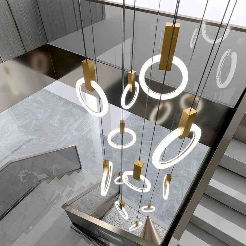 Duplex Building Chandeliers Staircase Long Pendant Light Nordic Villa Creative Ring Circle Light Pendant