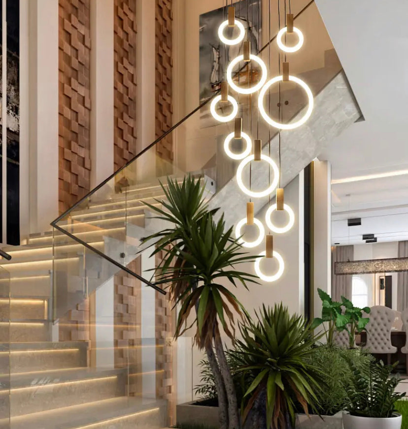 Duplex Building Chandeliers Staircase Long Pendant Light Nordic Villa Creative Ring Circle Light Pendant