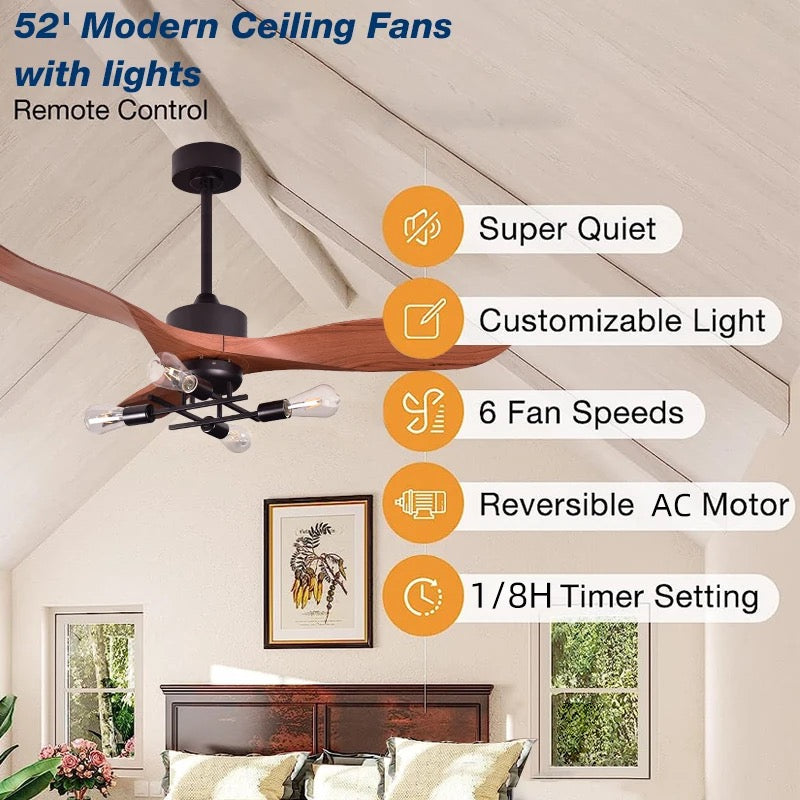 Indoor Outdoor Ceiling Fan Modern 52'' Living Room, Bedroom Remote Control Led Ceiling Fans Light