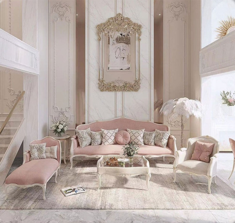 3+2+1 Sofa Set Green Pink Grey French Baroque Design Luxury Leather Velvet Sectional Sofas