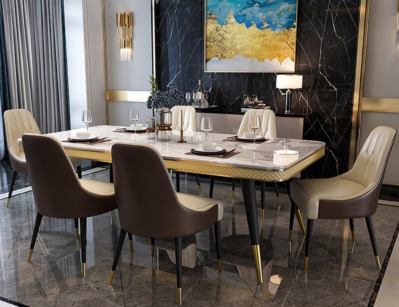 Dining Table Set Italian Luxury Design Marble Top Esstisch-Set Metal Legs Tables