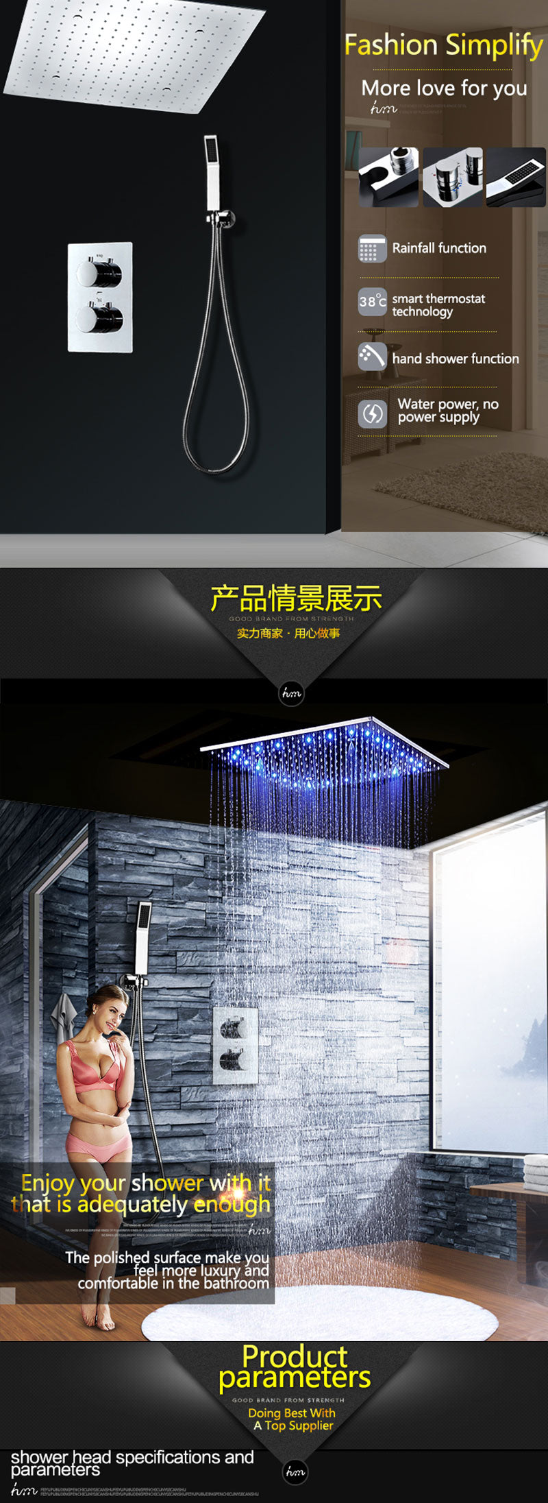 Systèmes de douche Robinet de douche LED Duscharmatur Sanitärkeramik LED Duschkopf Temperatur mit Licht
