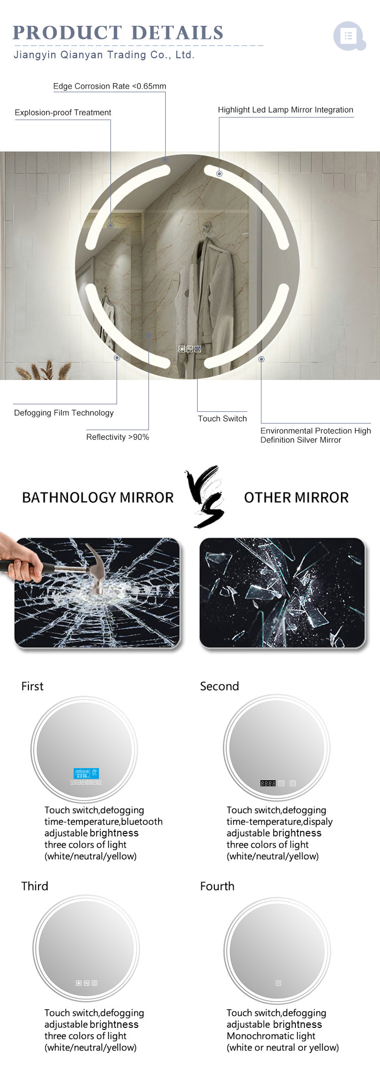 Miroir intelligent Spiegel Anti Fog Runde LED Badezimmer Silberspiegel mit Touch Schalter - Miroir de salle de bain avec interrupteur tactile
