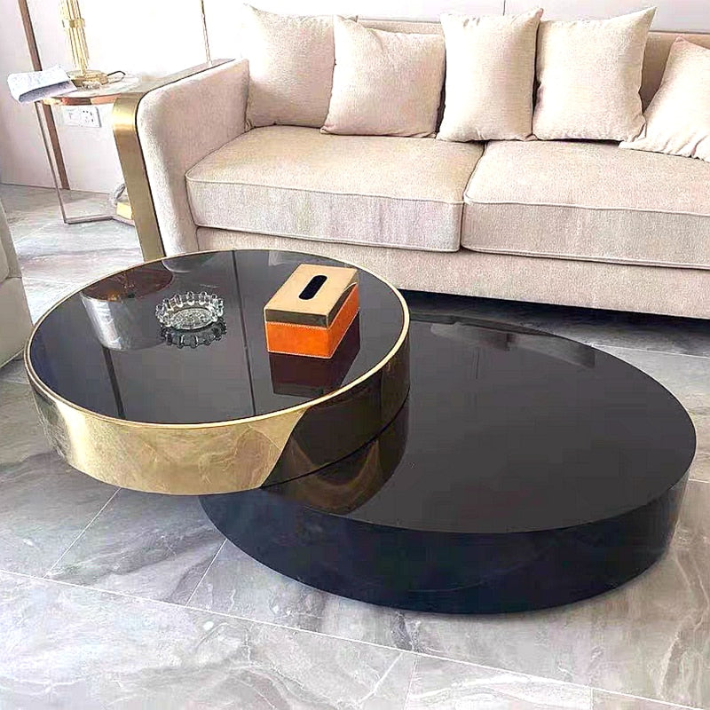 Table Morden Luxury Glossy Surface Toughened Glass Couchtisch Titanium Stainless Steel Large Double Layer Table