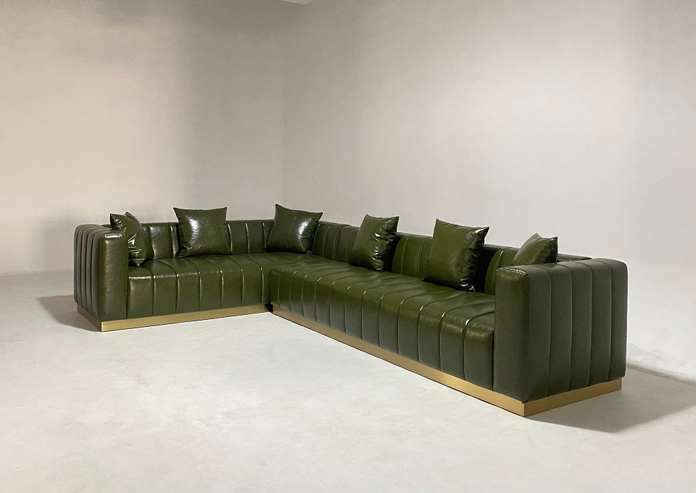 L Shaped Sofa Green Leather Upholstery Sectional Sofa Set Fall Winter Interior Design