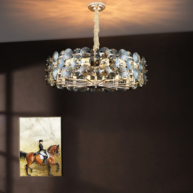 Chandelier Lighting For Living Room Smoke Gray Crystal Lamps Round Chains Chandeliers
