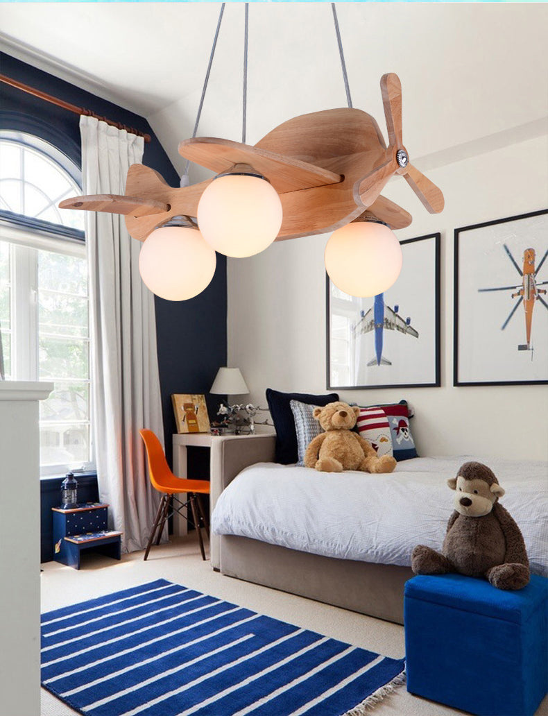 Children's Room Lighting Wood Airplane Kids LED Hanging Pendant Lights