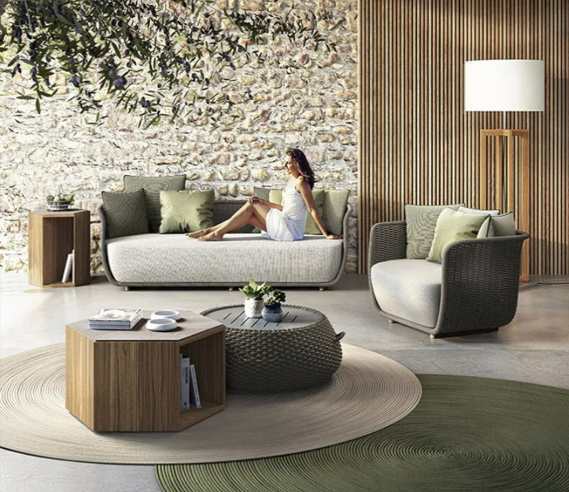 Outdoor Furniture Patio Bar Balcony Garden Luxury Design Solid Wood Nordic Rope Rattan Woven Sofa