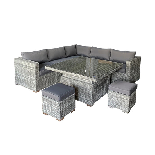 Muebles de exterior, juego de sofás modulares de ratán de 7 asientos, color gris oscuro, juegos de mesa de comedor de jardín elevables/elevables cuadrados