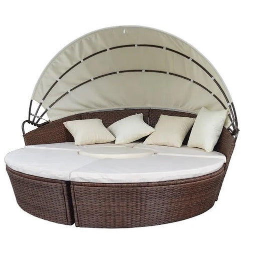 Outdoor Furniture Wicker Patio Sofa Retractable Canopy Round Rattan Garden Furniture Daybed