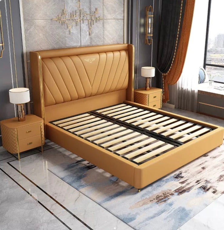 Double Beds Luxury Design Furniture Solid Wood Frame European Leather Bed