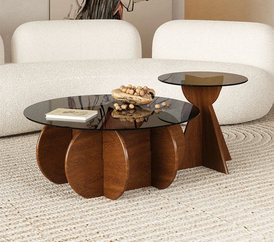 High End Wood Table Design Glass Top Wood Base Round Coffee Table