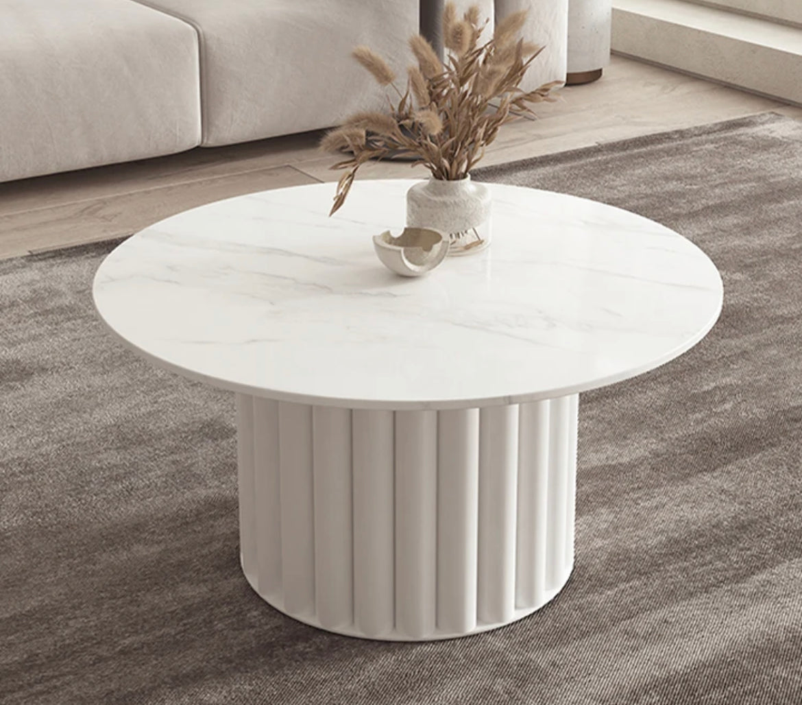 Mesa de centro con diseño de tablero de pizarra, mesa auxiliar de forma redonda con tapa de mármol 
