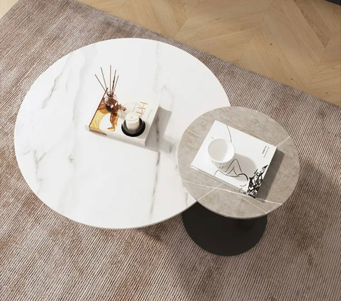 Mesa de centro con diseño de tablero de pizarra, mesa auxiliar de forma redonda con tapa de mármol 