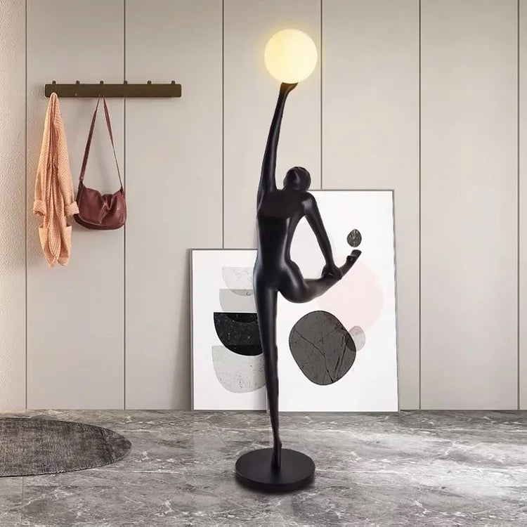 Floor Lamp Black Humanoid Holding Glass Ball Art Sculpture Floor Light