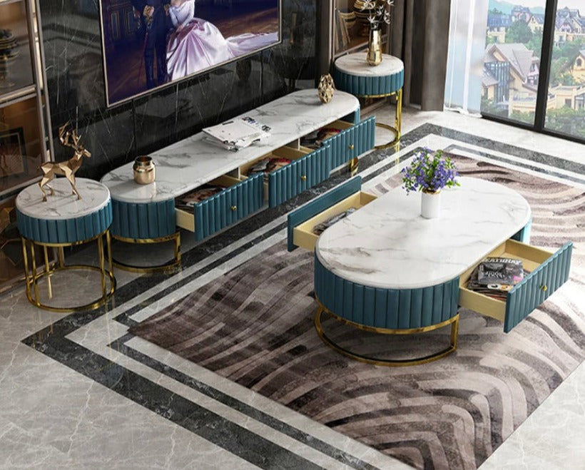 Meuble TV Design de luxe en cuir salon TV Lowboards marbre métal bois massif Fernsehtisch