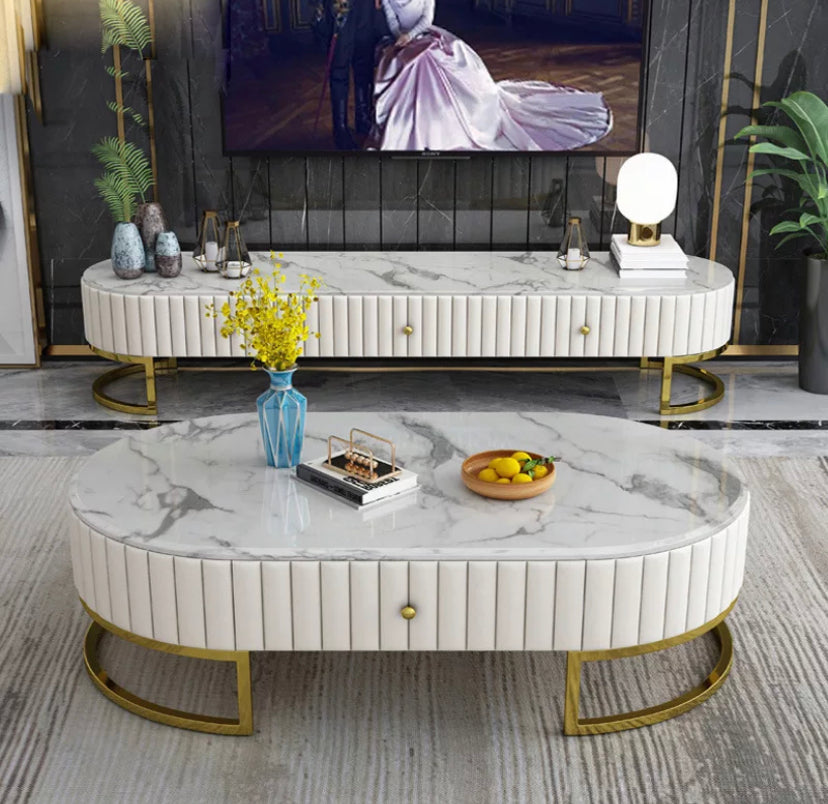 Meuble TV Design de luxe en cuir salon TV Lowboards marbre métal bois massif Fernsehtisch
